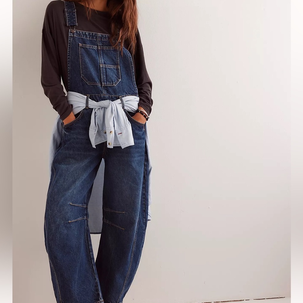 Free People barrel denim overalls